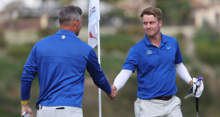 In his final golf round as a Gator, fifth-year senior John DuBois (right) led the way for UF on Monday, shooting a 1-under 71.